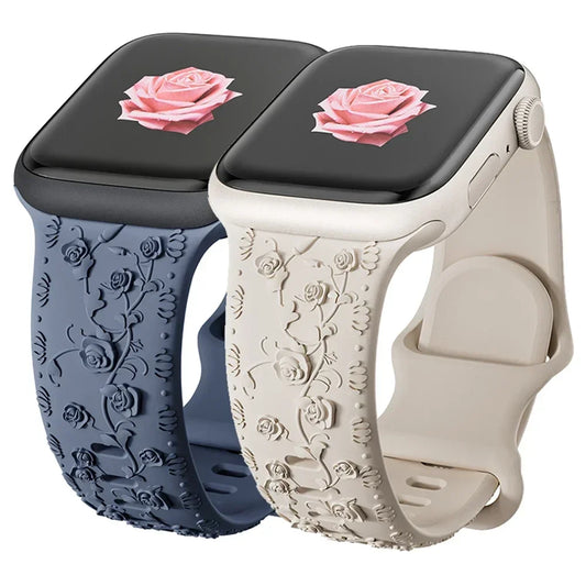 Floral Engraved Strap For Apple Watch Band 40mm 44mm 41mm 49mm 45mm 38mm 42mm silicone bracelet iwatch series 9 7 se 6 8 ultra 2