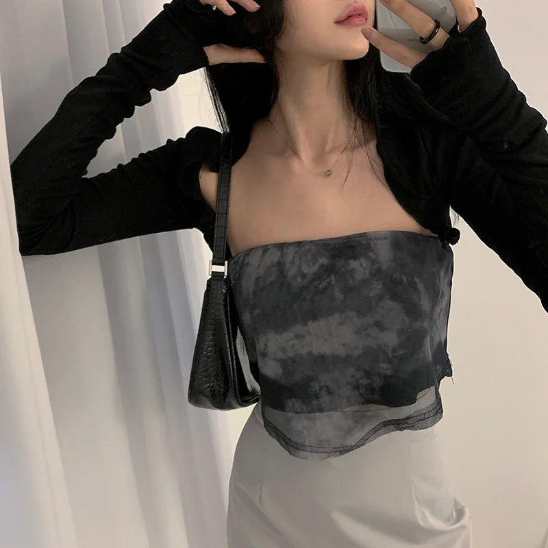 Women Thumbhole Long Sleeve Shrug Solid Color Open Front Cropped Cardigan Top Bodycon Slim Fit Sunscreen Arm Cover Jacket Gloves