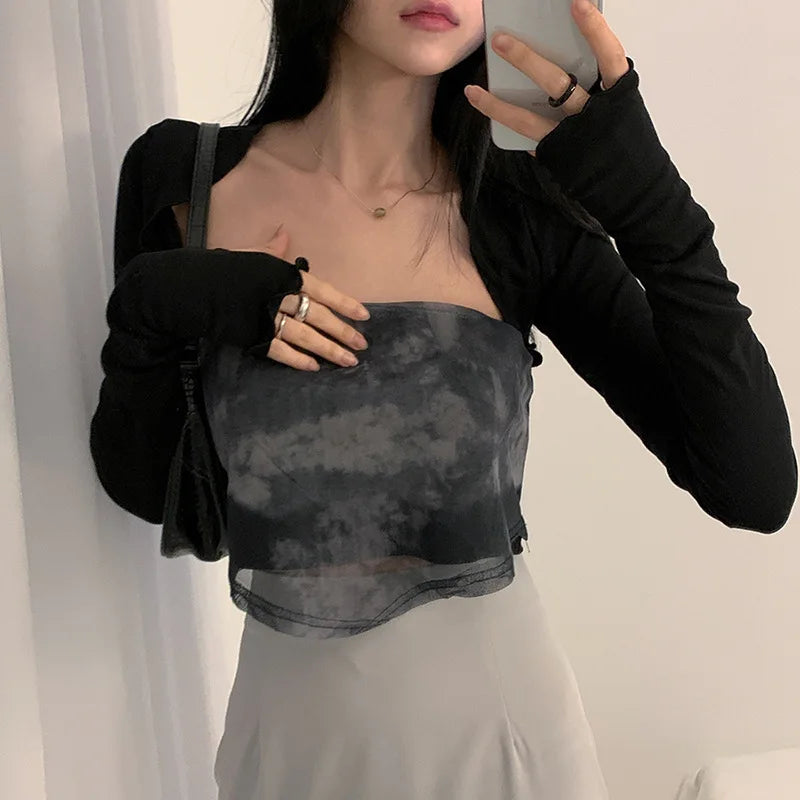 Women Thumbhole Long Sleeve Shrug Solid Color Open Front Cropped Cardigan Top Bodycon Slim Fit Sunscreen Arm Cover Jacket Gloves