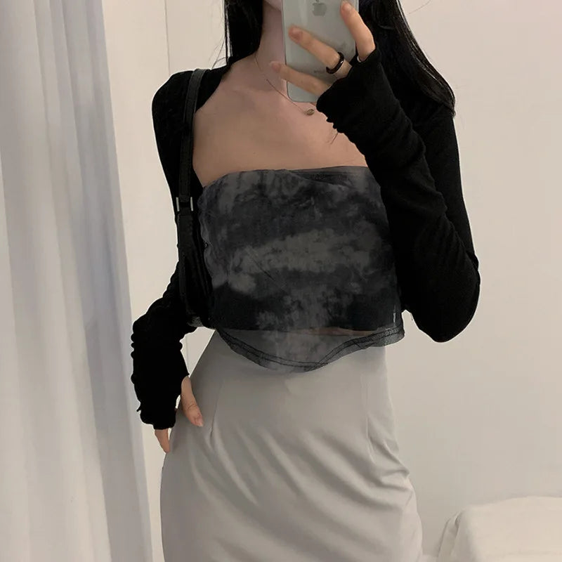 Women Thumbhole Long Sleeve Shrug Solid Color Open Front Cropped Cardigan Top Bodycon Slim Fit Sunscreen Arm Cover Jacket Gloves